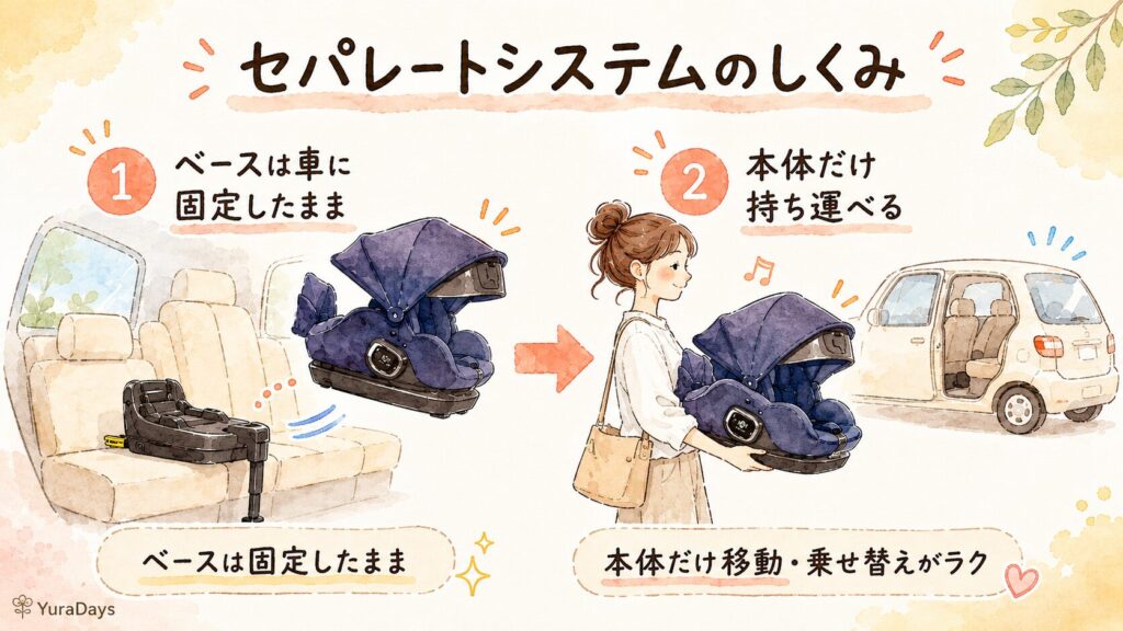 クルリラ エックスプラスABのセパレートシステムの仕組みを示したイラスト。ベースを車に固定したまま本体だけ取り外して別の車に乗せ替えられる