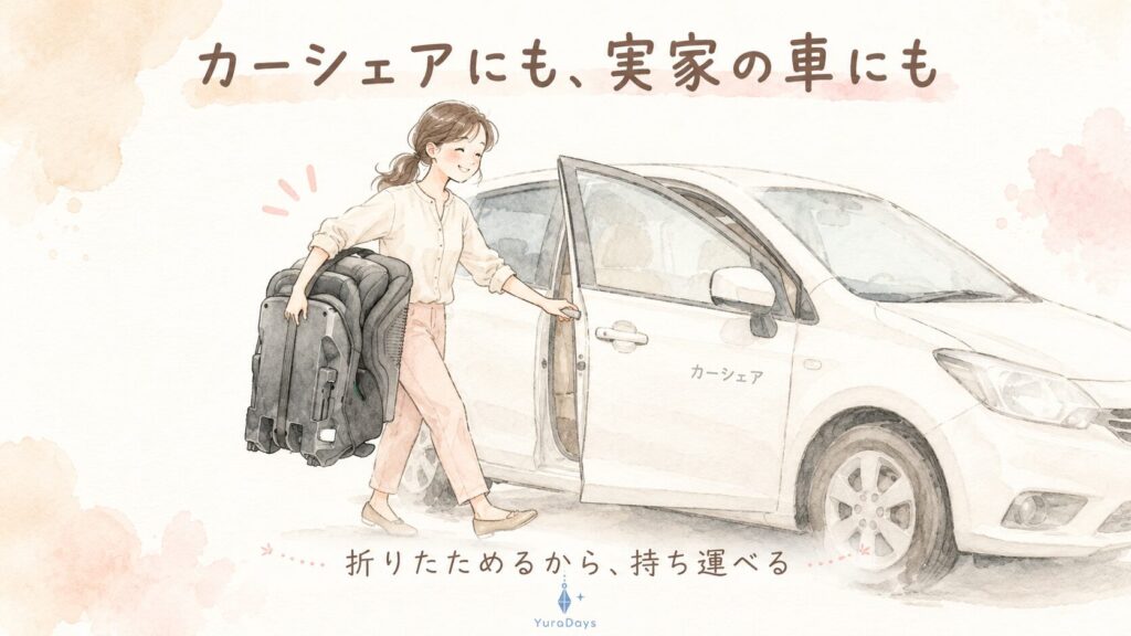 ジョイトリップ アドバンス plus SCを折りたたんでカーシェアの車に持ち込む場面のイラスト。軽量で持ち運べるチャイルドシートの使い方を解説。