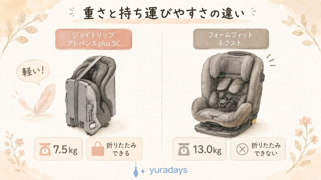 ジョイトリップ アドバンス plus SC（7.5kg・折りたたみ可）とフォームフィット ネクスト（13.0kg・折りたたみ不可）の重量と収納サイズを比較したイラスト。