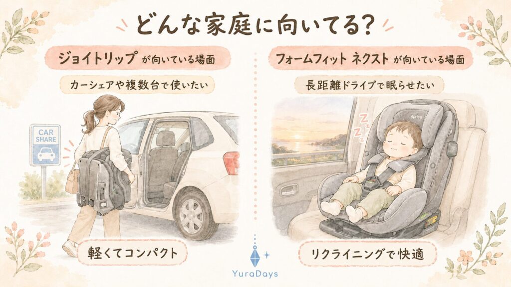 カーシェアリング利用時にジョイトリップを持ち込む場面と、長距離ドライブでフォームフィット ネクストのリクライニングを使う場面を比較したイラスト。