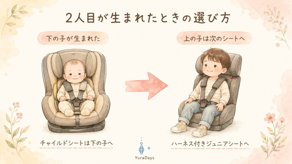 下の子が生まれてチャイルドシートを引き継ぐ場面のイラスト。上の子がハーネス付きジュニアシートへ移り、チャイルドシートを新生児に譲っている様子。
