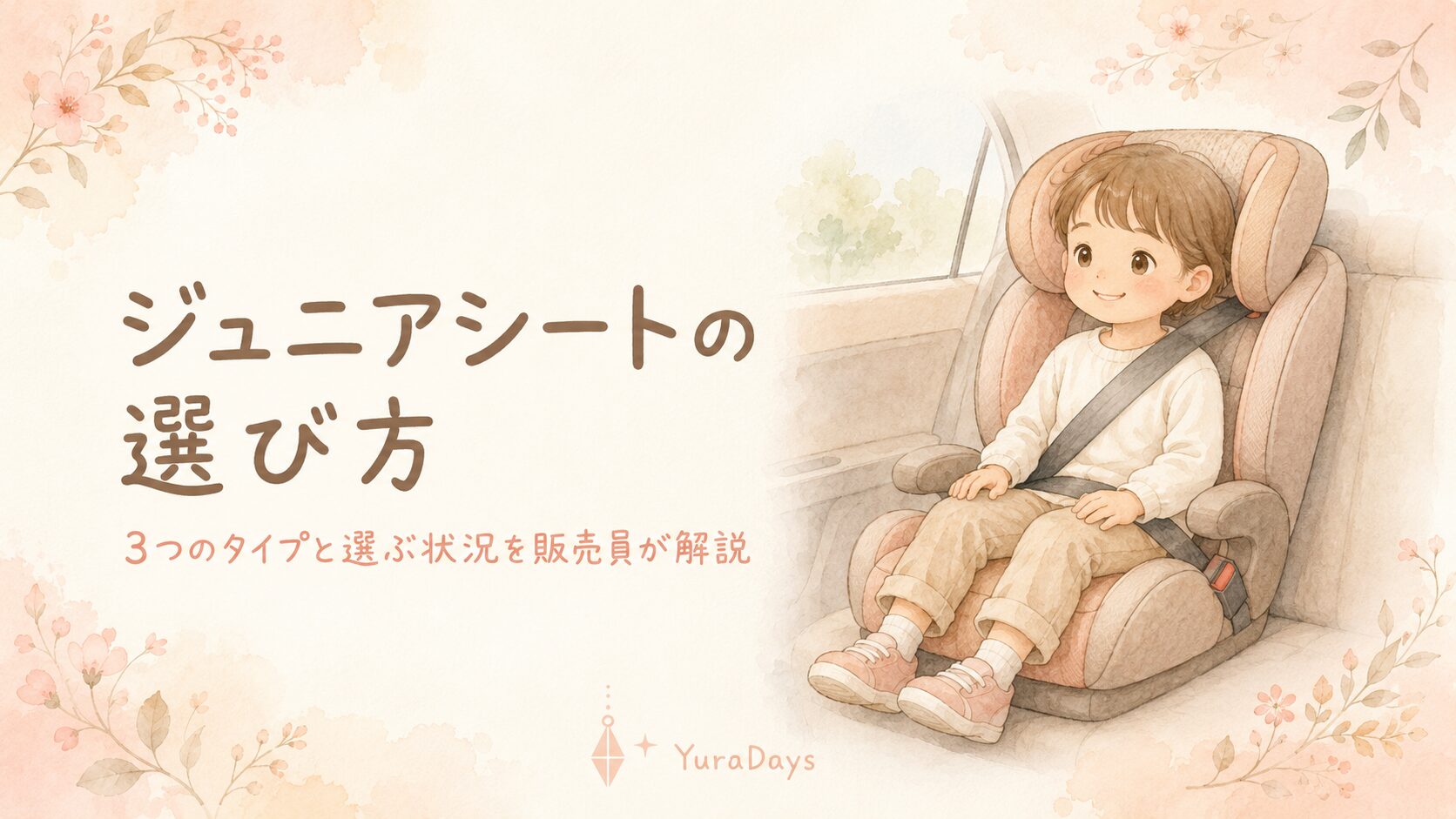 ジュニアシートの選び方を解説する記事のアイキャッチ。3種類のジュニアシートのうちハイバックタイプに座る幼児のイラスト