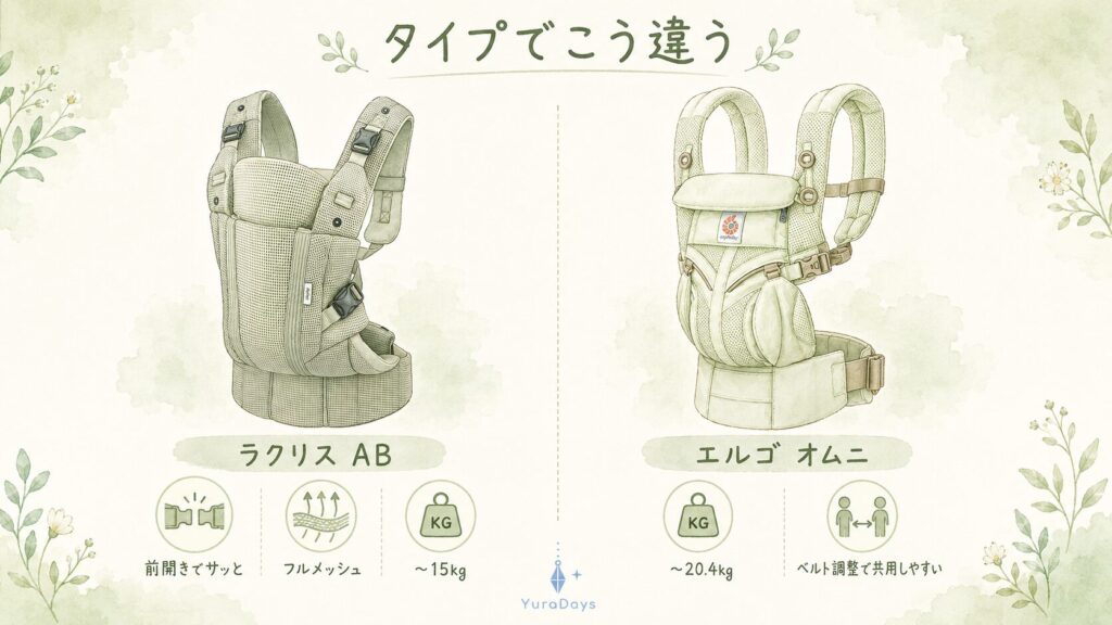 ラクリスABとエルゴ オムニの違いを左右で比較した水彩イラスト。前開き・フルメッシュのラクリスと、20.4kgまで長く使え共用しやすいオムニの特徴を示す図