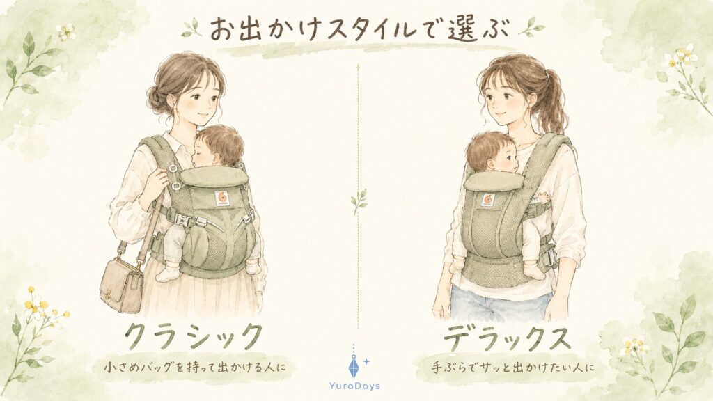 エルゴ オムニのクラシックとデラックスの違いを、お出かけスタイルで比較した水彩イラスト。小さめバッグを持つクラシックと、手ぶらで身軽なデラックスを示す図
