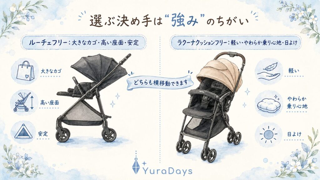 ルーチェフリーとラクーナクッションフリーの強みを左右で比較した挿絵。ルーチェフリーは大容量カゴと高い座面、ラクーナクッションフリーは軽さとやわらかい乗り心地が得意なことを示す図