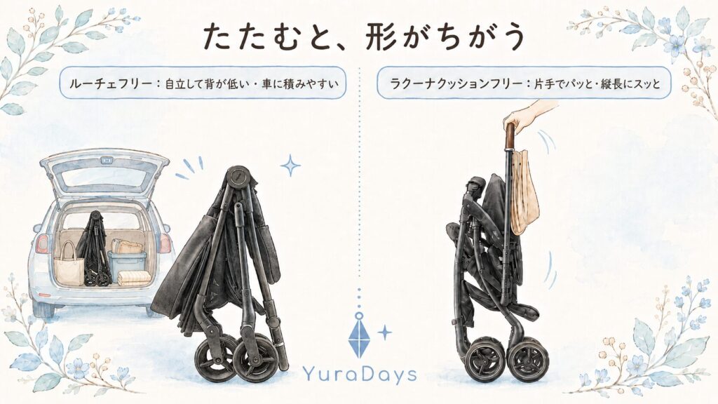 ルーチェフリーとラクーナクッションフリーのたたんだ姿を比較した挿絵。ルーチェフリーは自立して背が低く車に積みやすく、ラクーナクッションフリーは片手で縦長にたためることを示す図