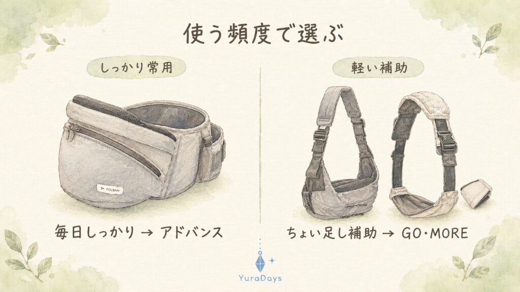ポルバンのヒップシートの選び分け。毎日しっかり使うアドバンスと、軽い補助に向くGO・MOREを左右で比較したイラスト