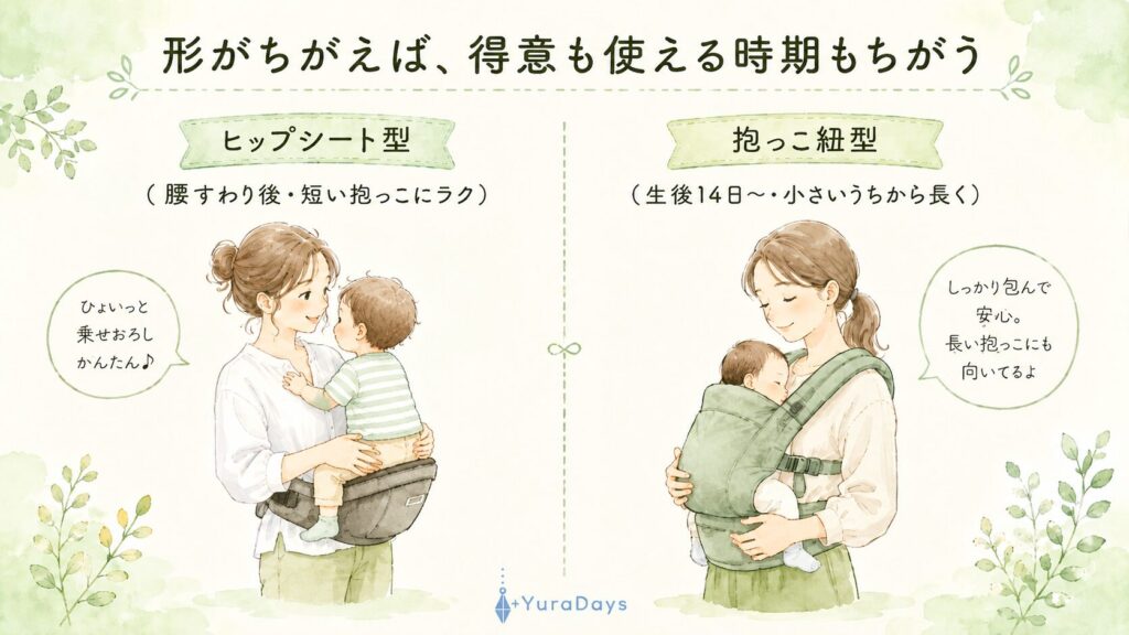 ヒップシート（ポルバン）と抱っこ紐（ラクリス）の違いを左右で比較した水彩イラスト。使える時期や得意な場面のちがいを示す図