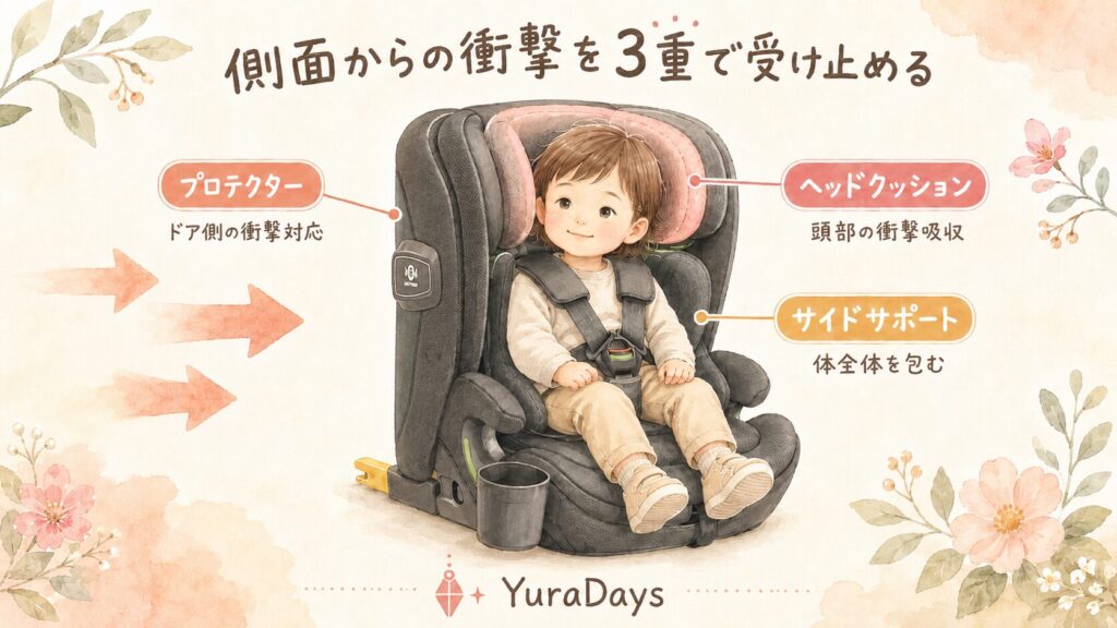 リライドABの3重安全構造の解説イラスト。頭部・体・ドア側の3層でお子さまを守る仕組みを図解している。