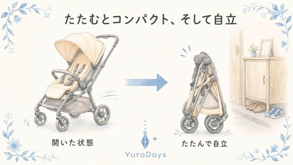 メリオ カーボンを開いた状態とたたんだ状態の比較イラスト。三つ折りで自立し、ハンドルが床につかない様子