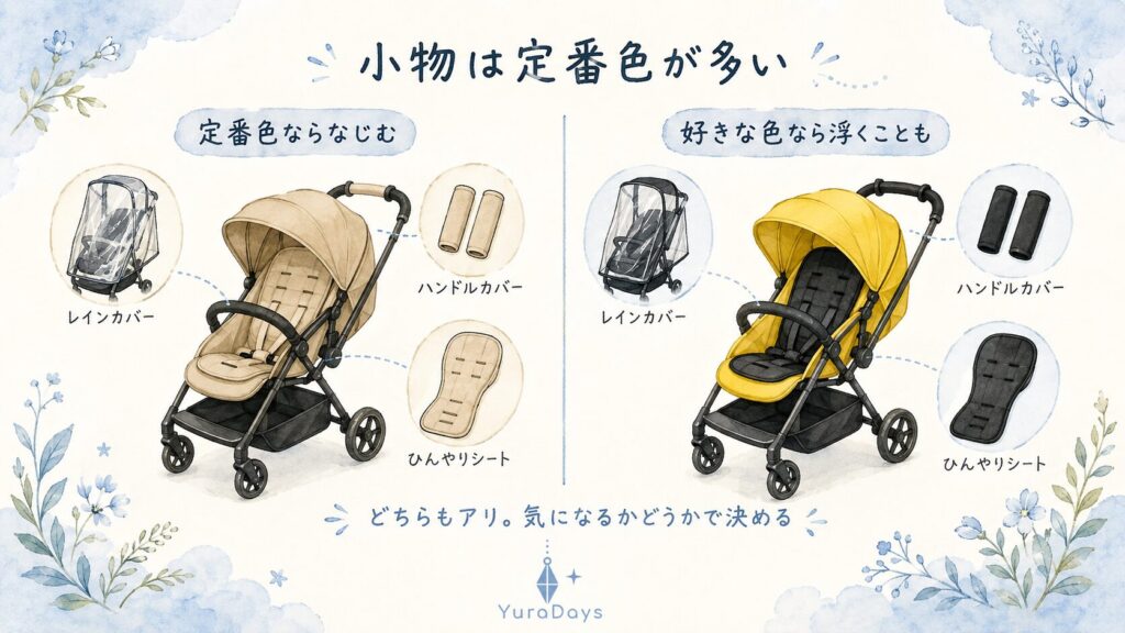 定番色のベビーカーは小物がなじみ、明るい色のベビーカーは小物が浮くことを比べたイラスト。ベビーカーの色と後付け小物の色合わせの説明