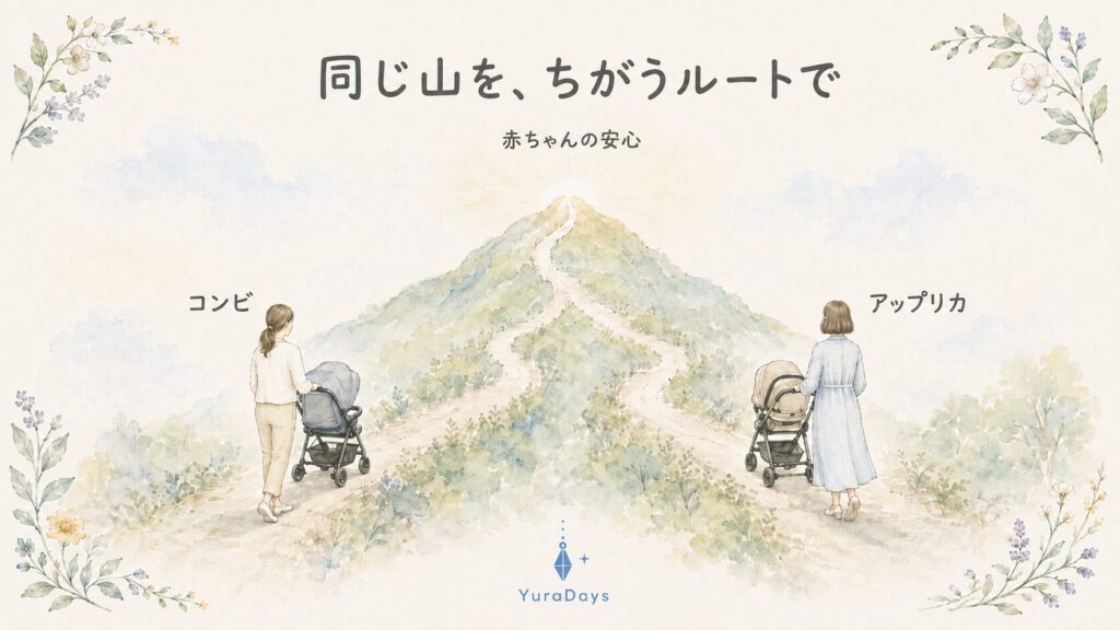 コンビとアップリカが同じ山の頂上を目指し、左右それぞれ違うルートを登るイメージ。ゴールは赤ちゃんが安心して過ごせること
