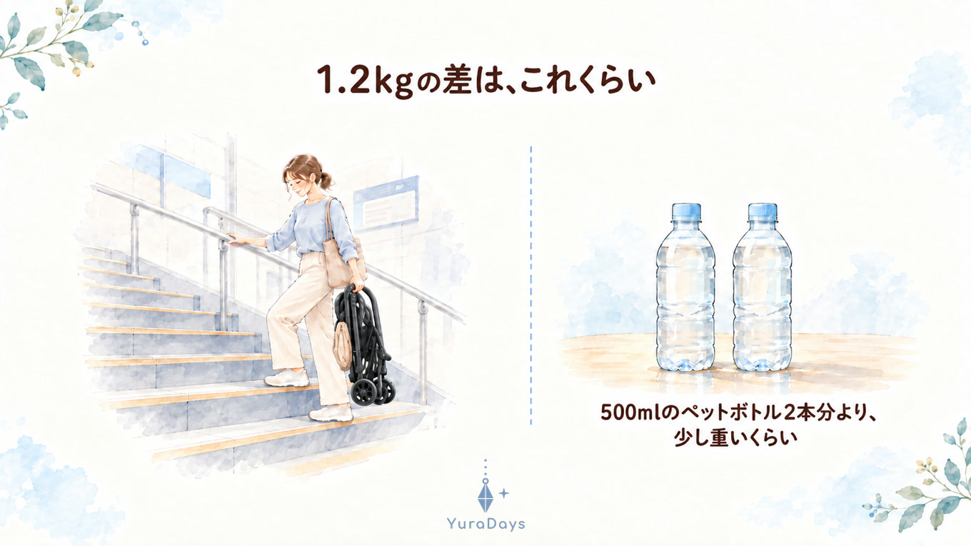 1.2kgの差のイメージ。たたんだベビーカーを片手で持って階段を上る女性と、500mlのペットボトル2本。2本分より少し重いくらいの差