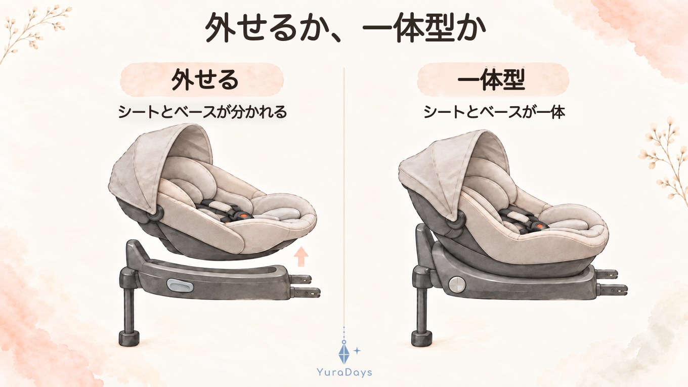 外せるタイプと一体型のチャイルドシートを並べたイラスト。外せるタイプはシートがベースから持ち上がり、一体型はベースとシートがつながっている