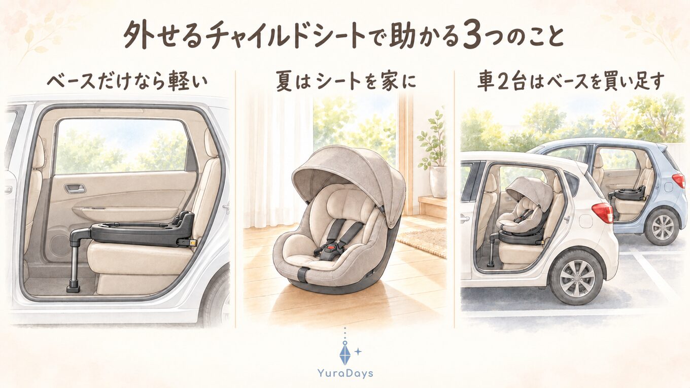 外せるチャイルドシートで助かる3つの場面のイラスト。車にベースだけを付ける、夏はシートを家に置く、車2台にベースを付けてシートを載せ替える