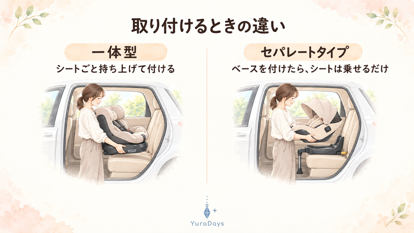チャイルドシートを取り付けるときの違いの図。一体型はシートごと持ち上げて付け、セパレートタイプはベースを付けたらシートを乗せるだけ