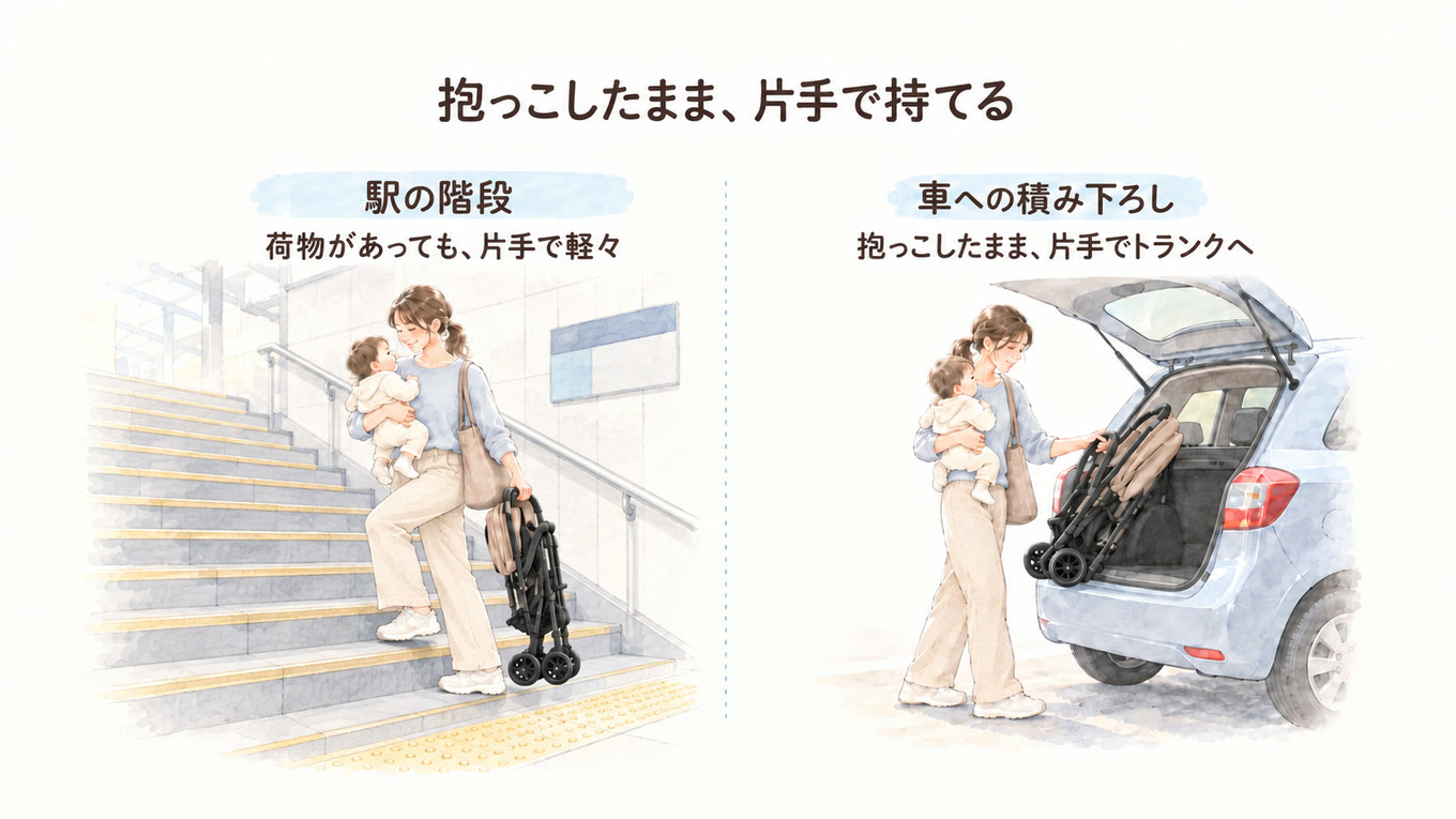 赤ちゃんを抱っこしてマザーズバッグを肩にかけたまま、たたんだカルーンエアー メッシュを片手で持つ場面。駅の階段を上るところと、車のトランクに入れるところ